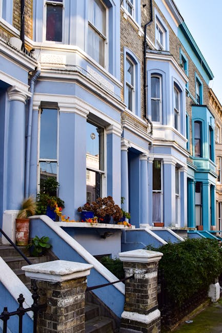 The image depicts a row of terraced houses with vibrant blue facades, featuring large bay windows with white trim and decorative cornices. In front of the houses, there are small garden beds with pott